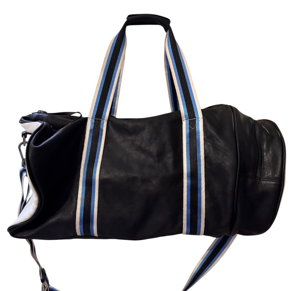 1st Phorm Black Leather Gym Bag Duffle Travel Bag White Blue Stripe Accents